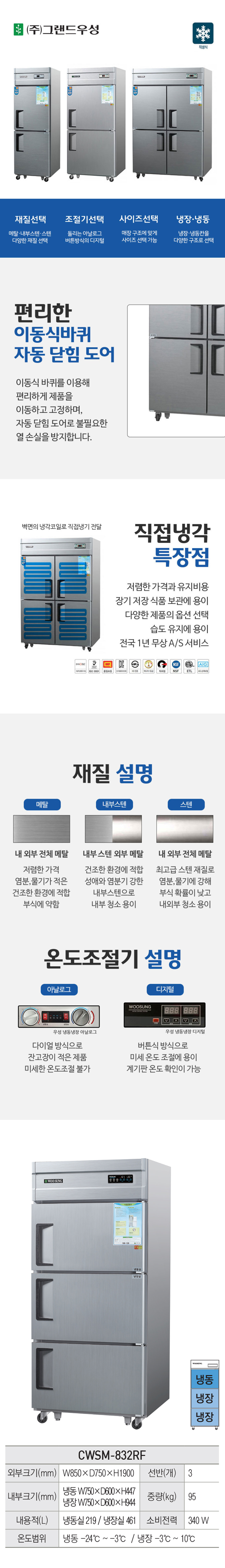CI_[그랜드우성] 직냉식 냉장고+냉동고 710L 3도어 메탈 (CWSM-832RF_메탈) 상세 이미지 1